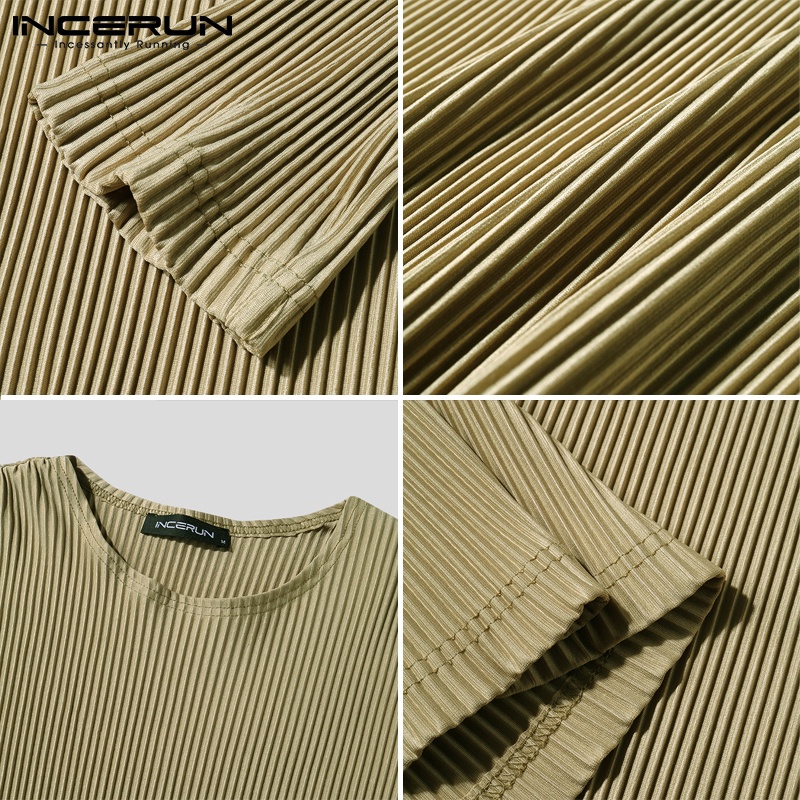 Áo thun INCERUN xếp ly màu trơn tay dài cổ tròn thời trang nam