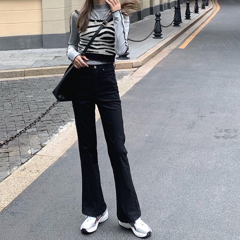 Quần jeans ống loe lưng cao phong cách retro kèm ảnh thật