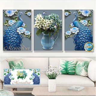 tranh đính đá cao cấp bộ 3 bức tranh ghép chim công màu tím kích thước 150x70cm