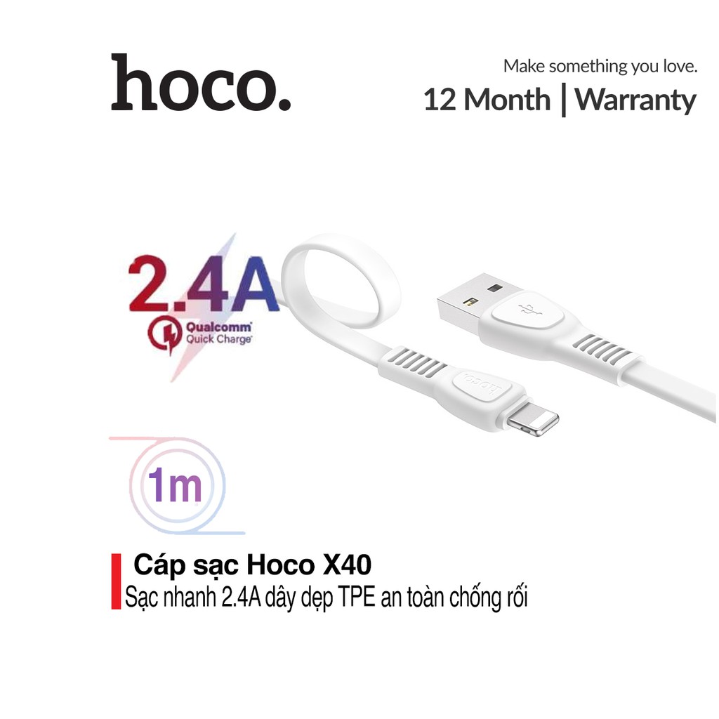 Cáp sạc nhanh và truyền dữ liệu Hoco X40, sạc nhanh 2.4A MAX, dây sạc dẹt chống rối, chống đứt dài 100cm