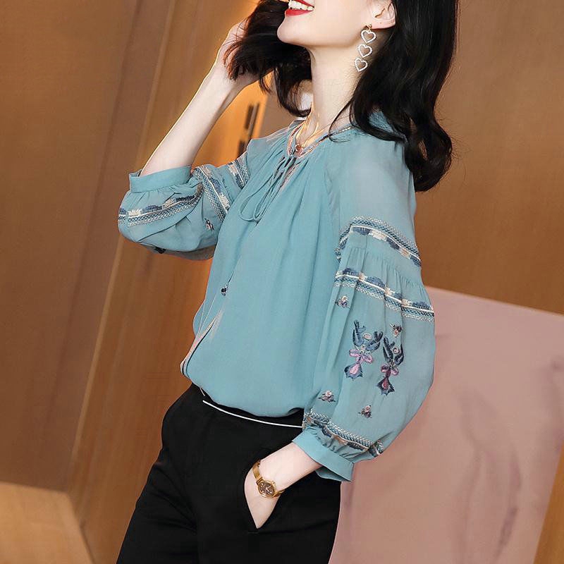 Chiffon  Shirt, Women's tops, 3/4 sleeved printing shirt, Temperament loose creative clothes, Size M-3XL, Blue, OL commute style【lyfs】