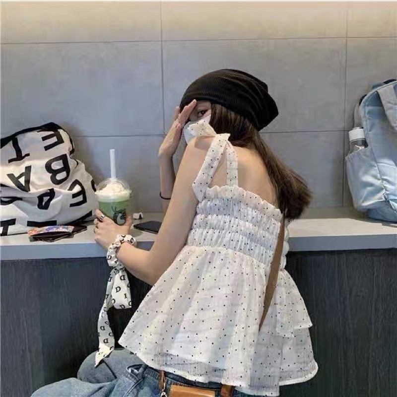 Áo Hai Dây Babydoll Chấm Bi Thắt Nơ Vai Xinh Xắn