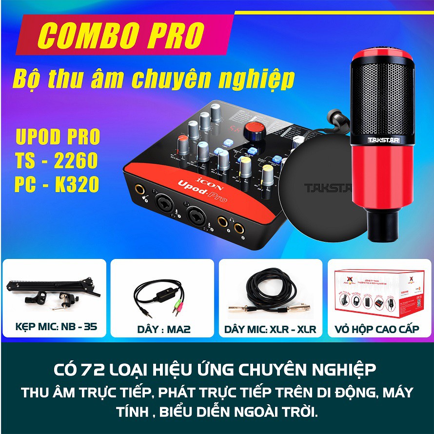 Bộ Mic Livestream Hát Karaoke Đầy Đủ Sound Card Icon Upod Pro, Mic Takstar PC-K320, Tai Nghe Takstar TS-2260 &amp; Phụ Kiện