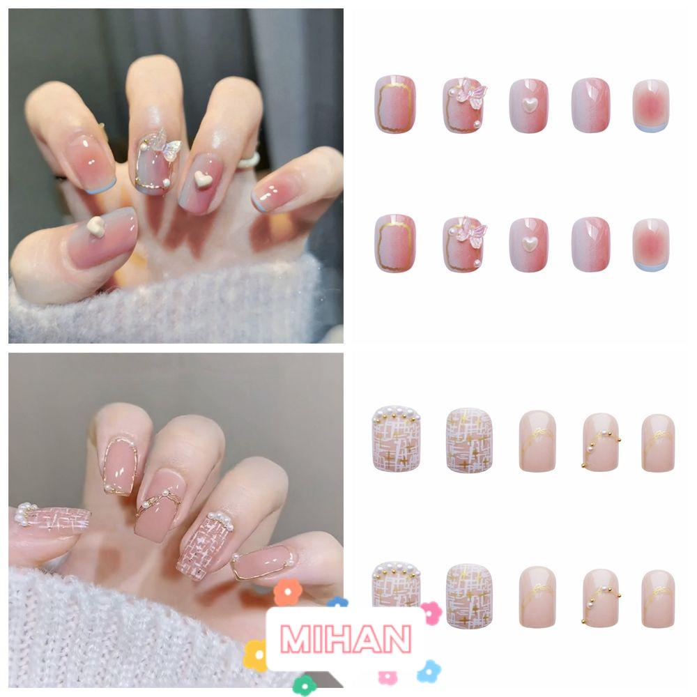 Móng Tay Giả Ngắn Hình Tròn Họa Tiết Bướm Có Thể Tháo Rời MIHAN1
