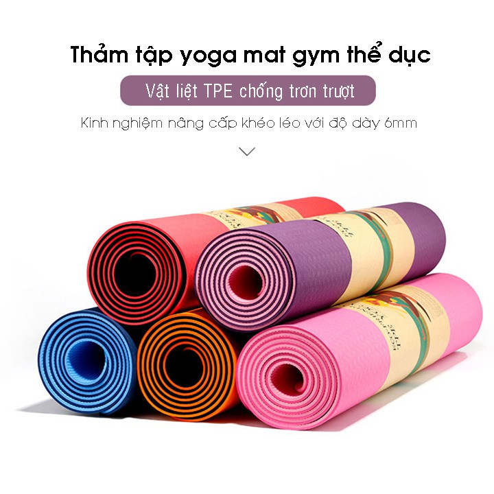 Thảm tập yoga mat gym TPE tập gym thể dục thể thao chống trơn trượt 2 lớp 6mm tặng kèm túi đựng