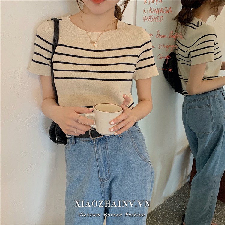 Xiaozhainv Áo Thun Dệt Kim Cổ Tròn Tay Ngắn Kẻ Sọc Kiểu Hàn Quốc 2 Màu Lựa Chọn Thời Trang Cho Nữ