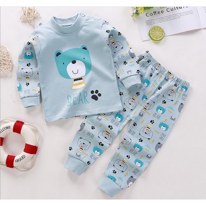 Đồ bộ cho bé in hình ngộ nghĩnh cotton mềm và ấm, Bộ dài tay cho bé trai bé gái