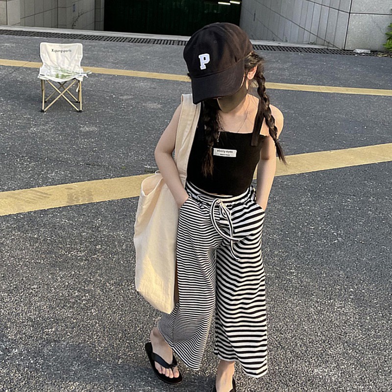 Quần Dài Lưng Thun Dáng Rộng Họa Tiết Kẻ Sọc Thời Trang Mùa Hè Phong Cách Hàn Quốc Cho Bé Gái