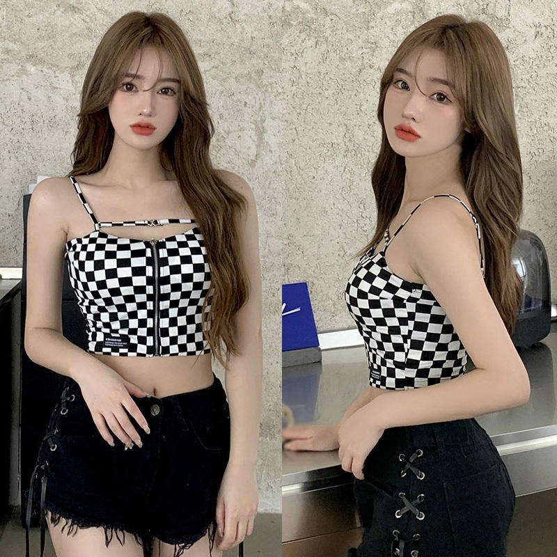 Áo croptop hai dây dáng ôm kẻ sọc caro phối khóa kéo quyến rũ Hàn Quốc dành cho nữ