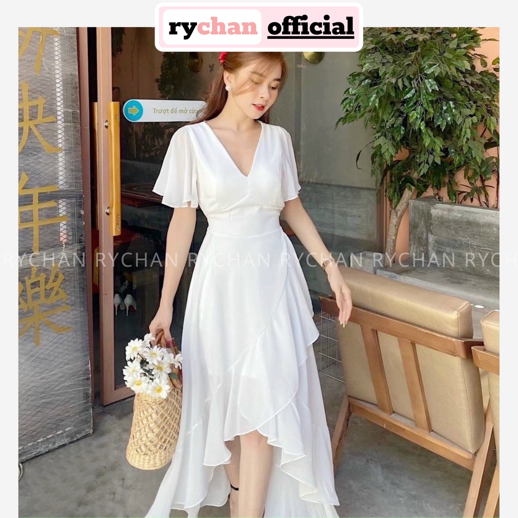 Đầm Xòe Dạo Biển Midi Lệch Tà Viền Bèo 2 Màu Siêu Xinh - DX0093