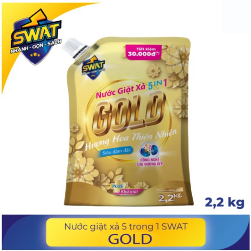 NƯỚC GIẶT XẢ SWAT 5 IN 1 GOLD - HƯƠNG HOA THIÊN NHIÊN, PLUS KHỬ MÙI HÔI (TÚI 2,2KG)