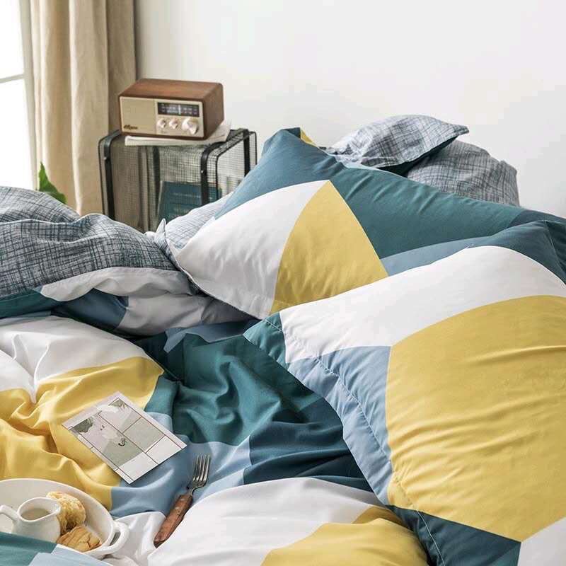 Bộ chăn ga gối khối xanh vàng xám Cotton Poly nhập khẩu