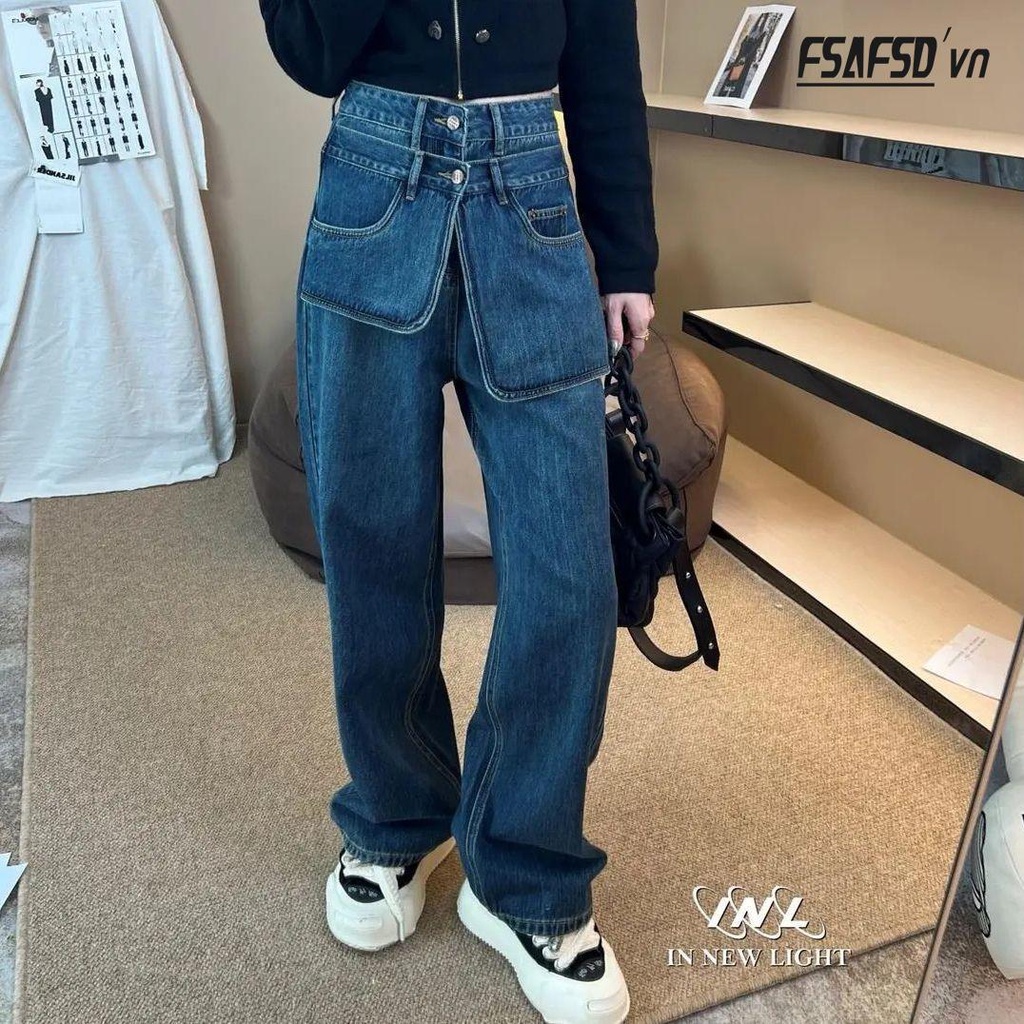 Quần Jean Nữ Lưng Cao Có Túi Lớn Phong Cách Âu Mỹ Mới 2022