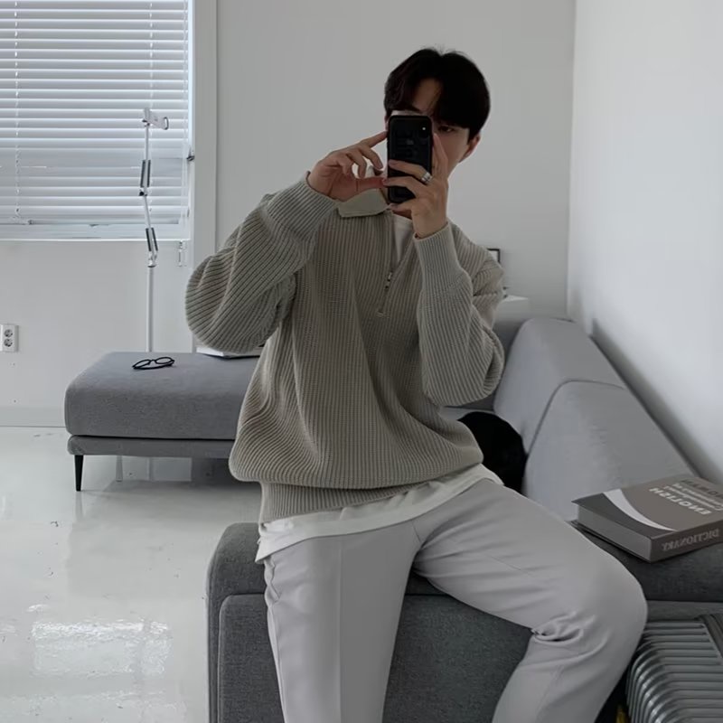 Áo sweater Cổ Bẻ Dáng Rộng Có Khóa Kéo Nửa Khóa Kiểu Nhật Bản Thời Trang Thu Đông Cao Cấp Cho Nam