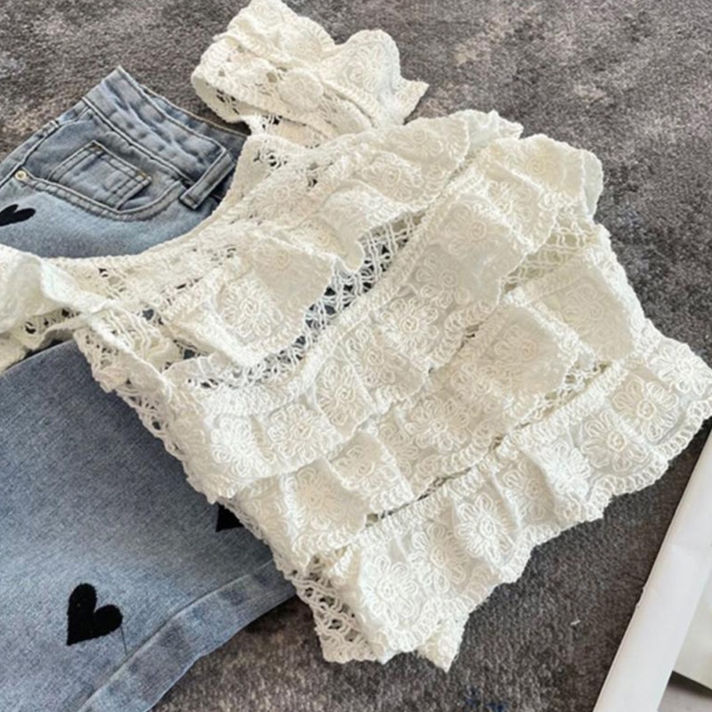 Áo Croptop Không Tay Cổ Vuông Thiết Kế Nhiều Lớp Phối Ren Thời Trang Cho Nữ