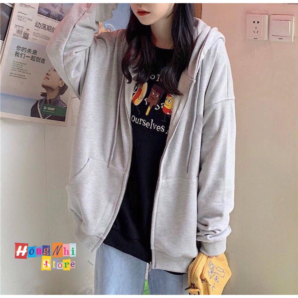 Áo Khoác Hoodie Zip Trơn Oversize Ulzzang Unisex Hoodie Dây Kéo Màu Xám Dáng Rộng - MM