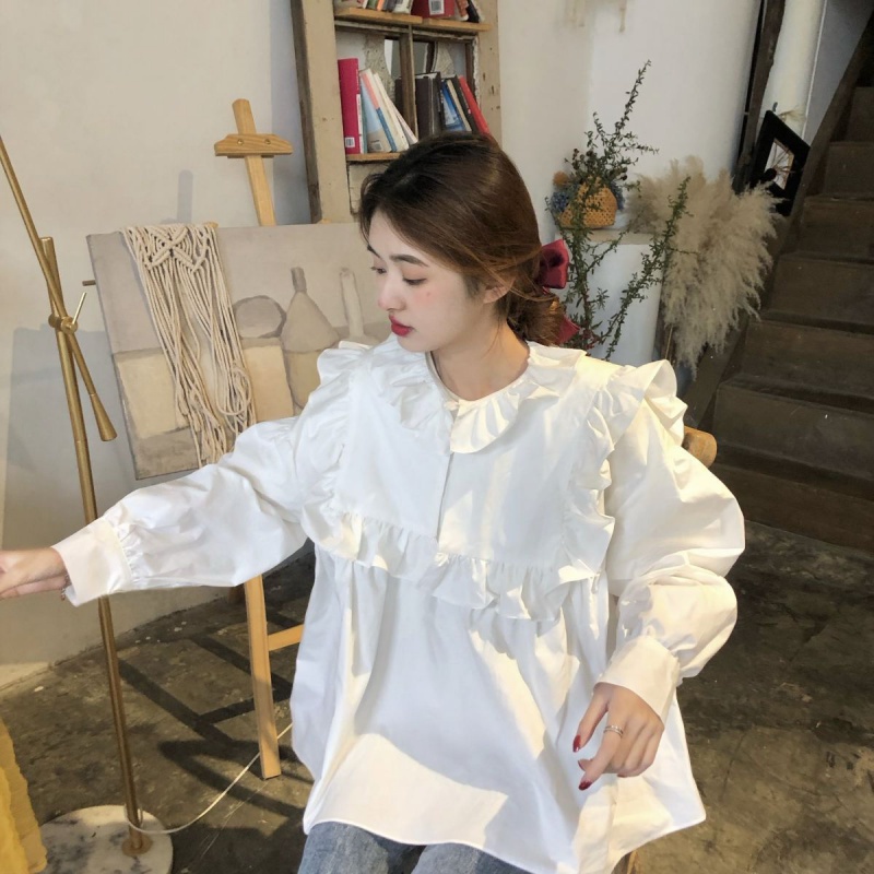 Áo Sơ Mi Tay Dài Dáng Rộng Phối Bèo Dễ Thương Phong Cách Vintage