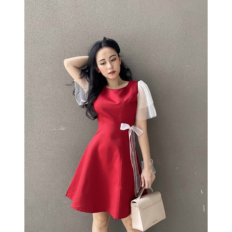 Đầm đỏ dự tiệc dáng xòe thiết kế xinh tôn dáng sáng da cho nàng chân ngắn hợp đi tiệc đi chơi - Thời trang Lux W