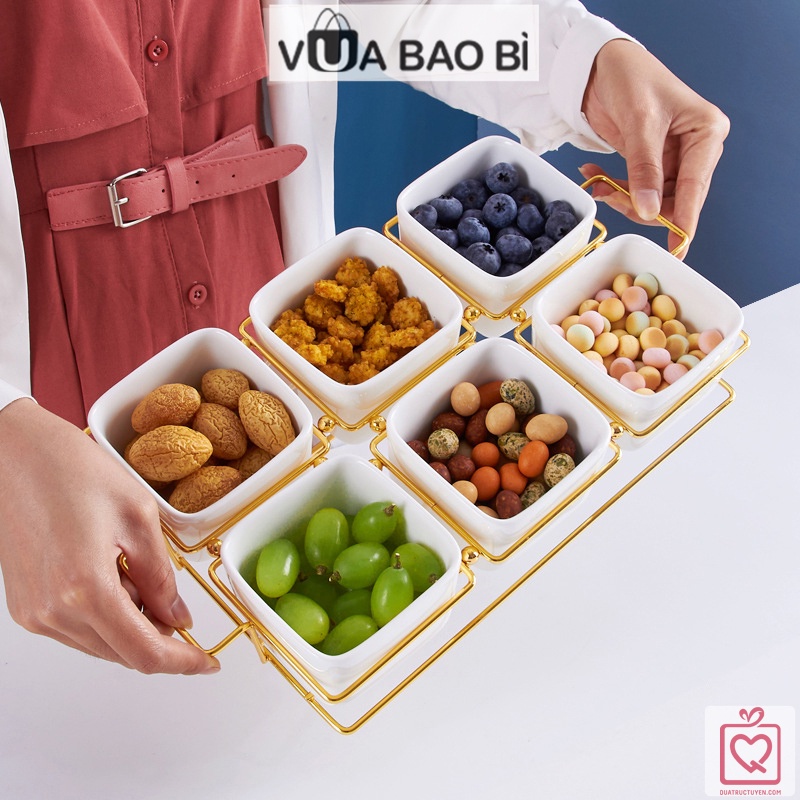 Khay mứt tết Nắp Gỗ-hũ đựng hạt hoa quả để bàn giá sắt sang trọng bày trí phòng khách Vua Bao Bì