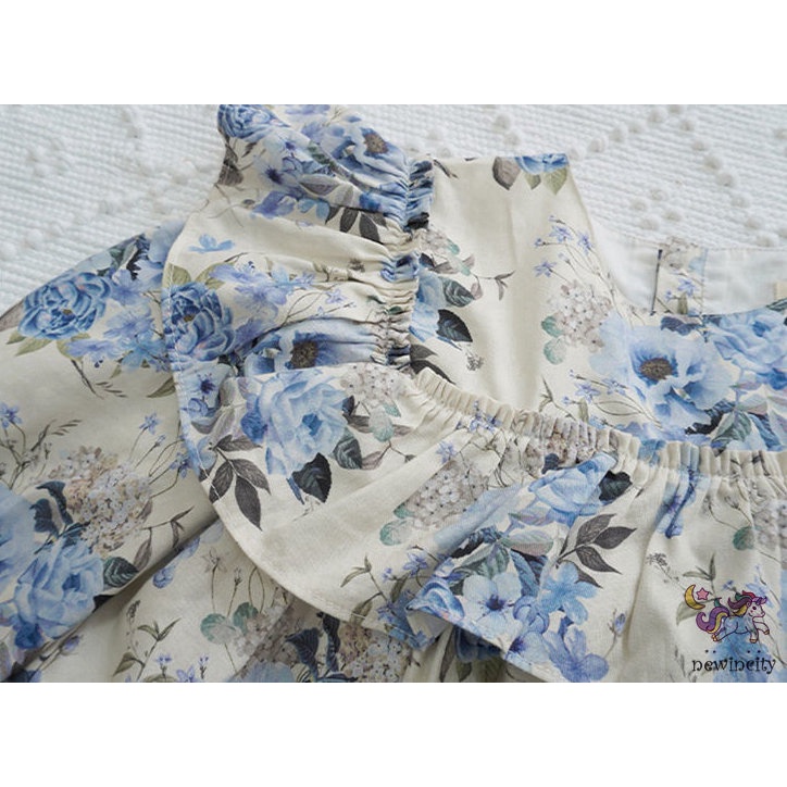 Đầm Công Chúa Tay Dài In Hoa Phối Bèo Kiểu Hàn Quốc Xinh Xắn Cho Bé Gái