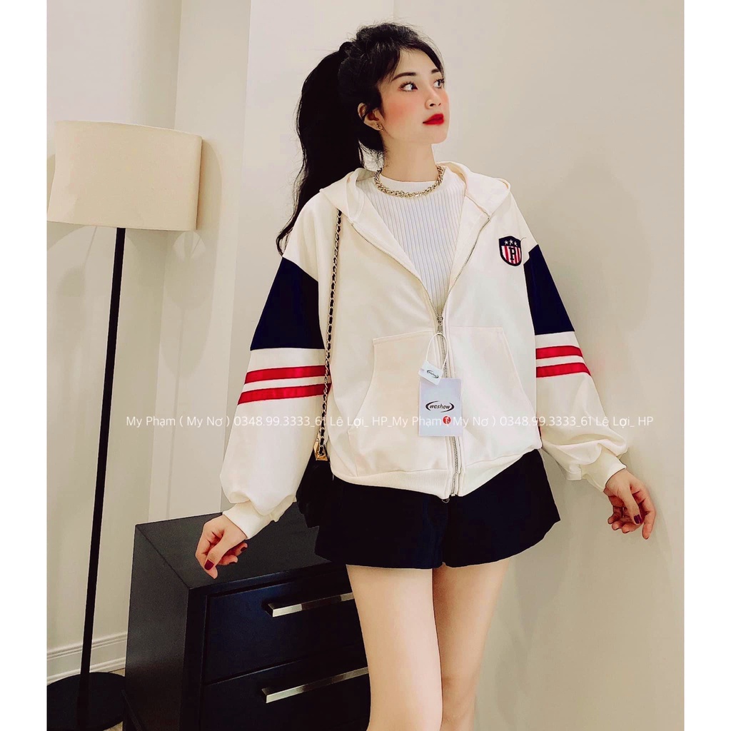 [ảnh thật-sẵn] Áo khóa nỉ lót lông nữ kẻ sọc