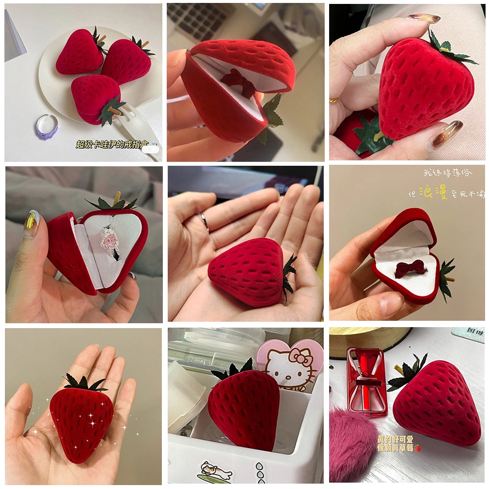 Hộp đựng hình dâu tây/ nhẫn AY vải nhung nhiều màu sắc xinh xắn