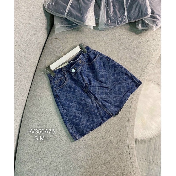 QUẦN VÁY NỮ VÁY JEANS HỌA TIẾT KẺ SỌC LƯNG CAO FORM A KÈM QUẦN TRONG