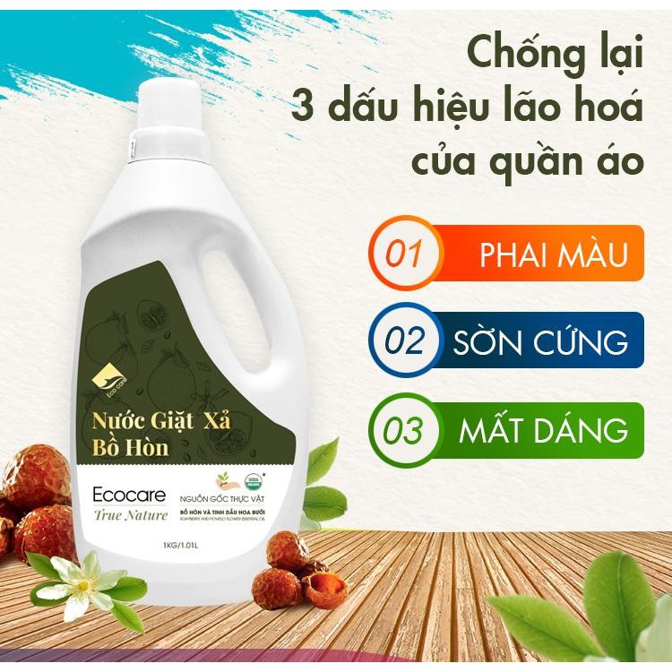 Nước giặt xả Hữu cơ Bồ hòn Ecocare 1000ml tinh dầu hoa bưởi, Nước giặt Hữu cơ tự nhiên kiêm nước xả vải