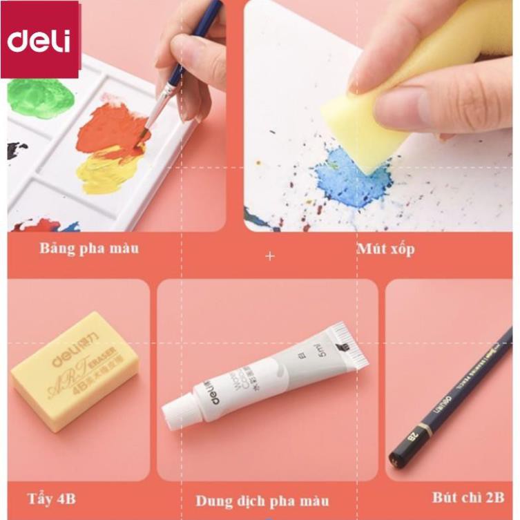 Bộ màu nước dạng nén Deli - 8 phụ kiện đi kèm - hộp sắt - 24 màu - 73876 [Deli]