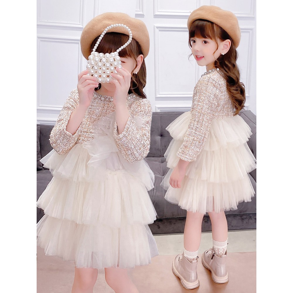 Váy công chúa cho bé gái 3-8 tuổi dạ phối ren hãng Tong Yan, Đầm dạ trẻ em