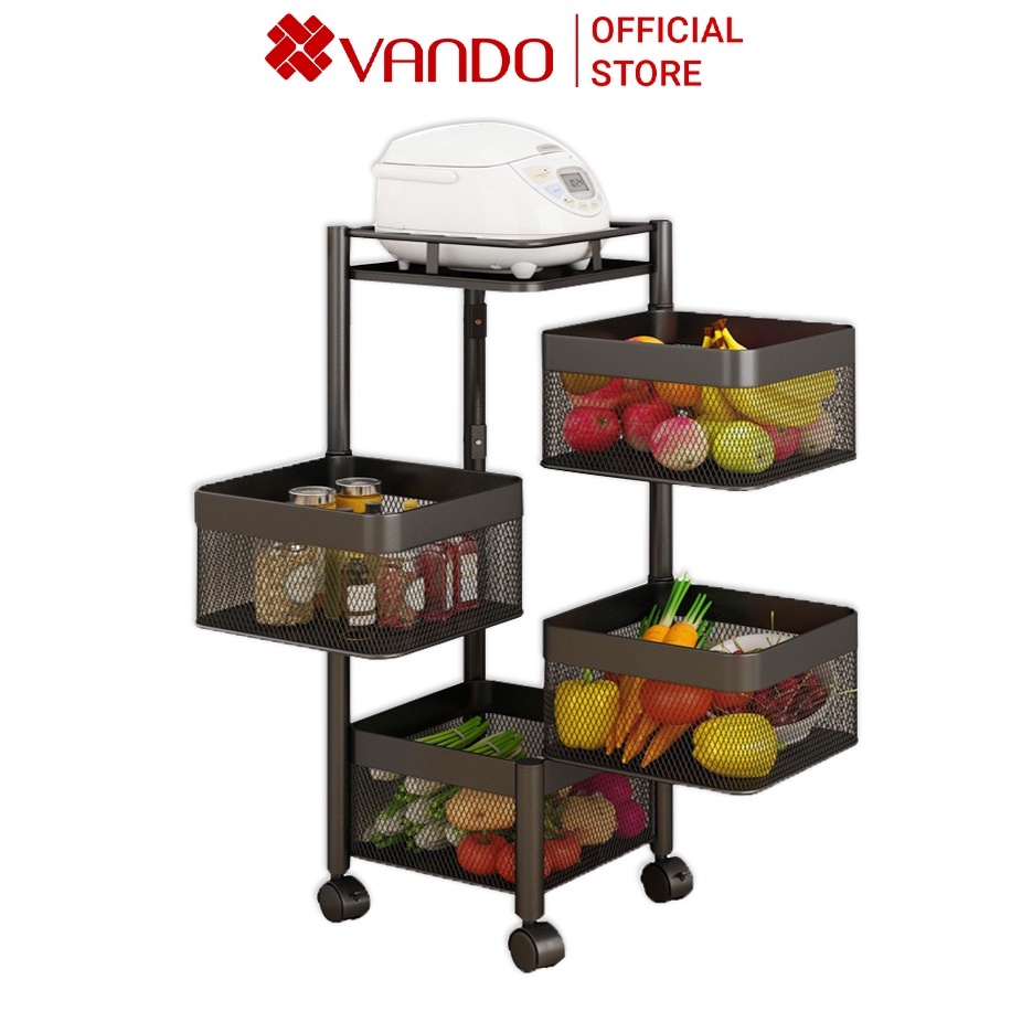 Kệ Để Đồ Xoay VANDO Khay Vuông Thông Minh Thép Carbon Cao Cấp Có Bánh Xe