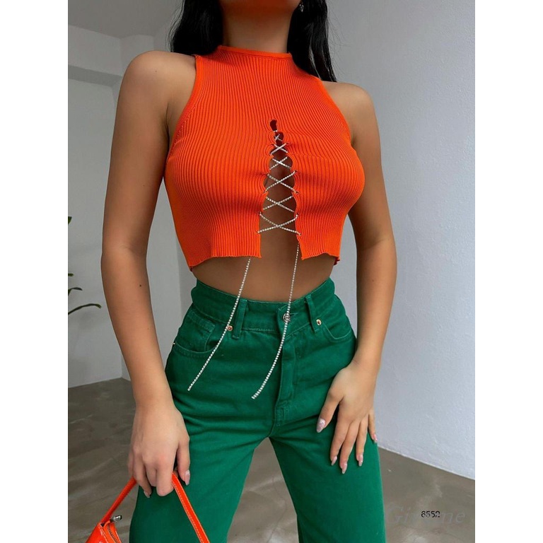 Áo Croptop Sát Nách Màu Sắc Trơn Thiết Kế Khoét Lỗ Quyến Rũ