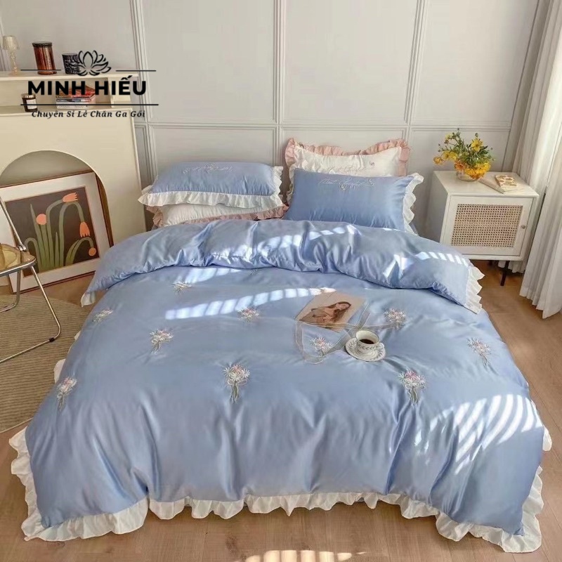 Bộ chăn ga gối lụa bèo công chúa siêu xinh, chăn ga lụa nhập khẩu sang trọng không nhăn, mềm mịn sờ mát tay