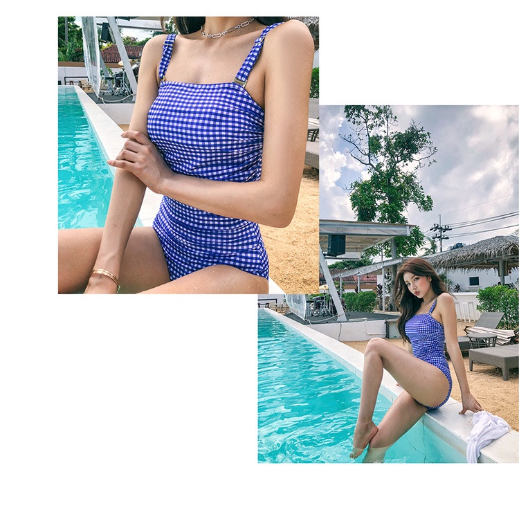 Swimsuit M-XL Colour Blue Material Polyester fiber  Korean Swimsuit One Piece Retro Plaid Conservative Show Thin Cover Belly Sexy Bikini Hot Spring Swimsuit Woman