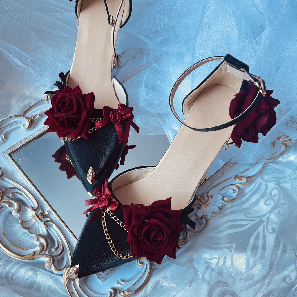 Giày cao gót làm bằng tay đích thực giày cao gót hoa hồng đỏ và đen giày cao gót Lolita giày cao gót cưới giày cao gót mũi nhọn giày cao gót 8cm
