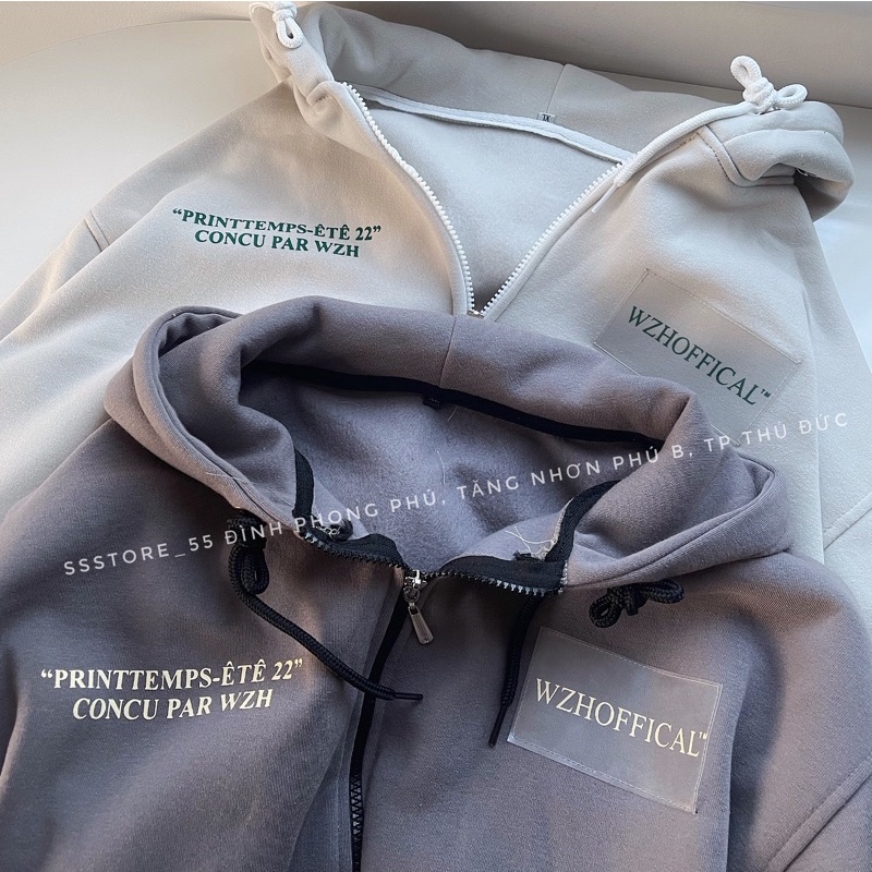 Áo khoác hoodie zip WZHOFFICAL có nón vải nỉ bông màu xám form rộng unisex nam nữ_ SSSTore