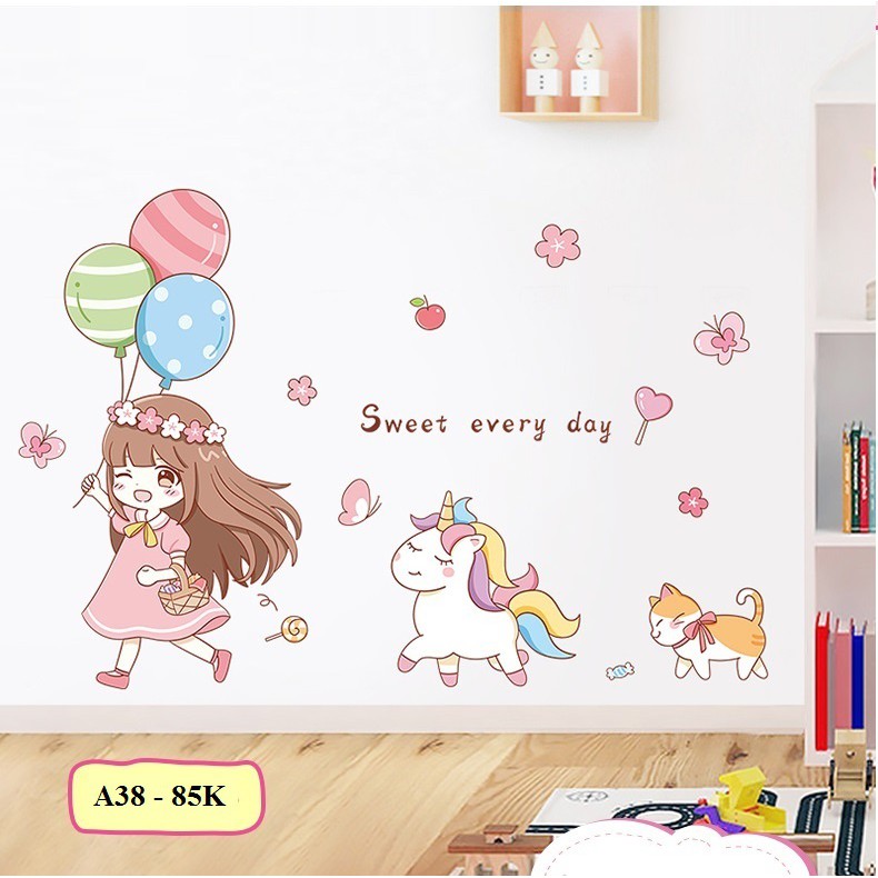 [Mã SKAMPUSHA7 giảm 8% tối đa 50K đơn 250K] Decal dán tường Bé gái và Unicorn A38 - Decal dán tường Hàn Quốc