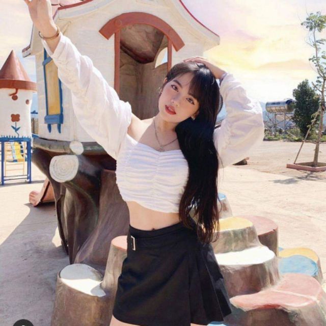 Áo trắng croptop 9nhún tay dài so hot