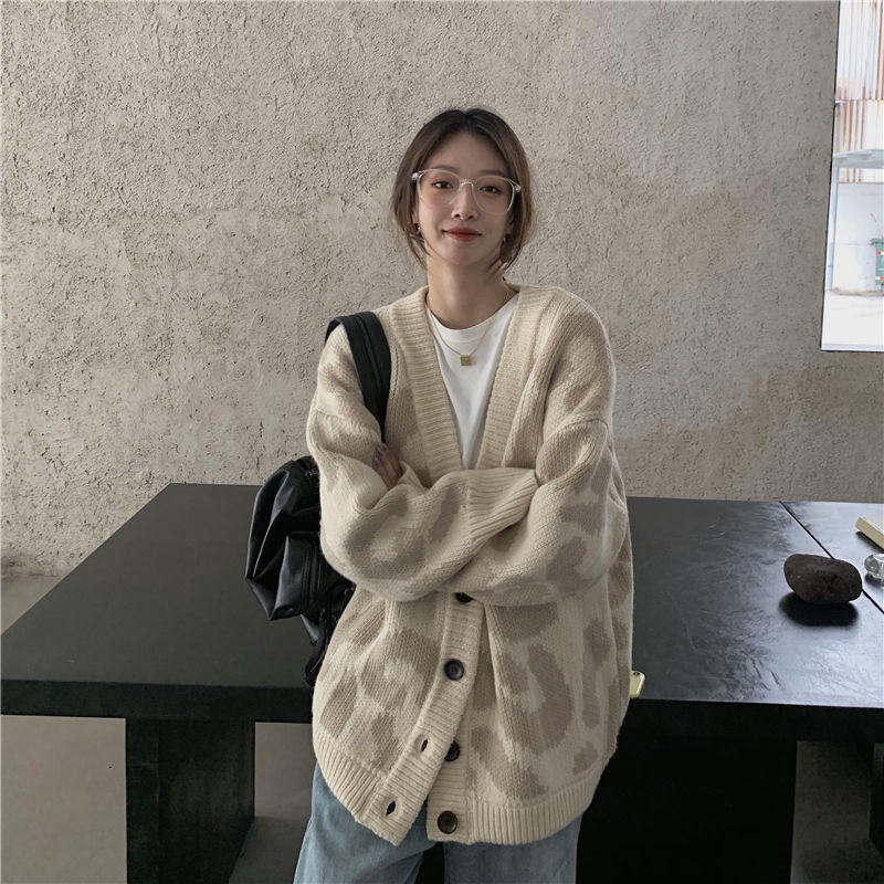 Áo Khoác Cardigan Dệt Kim Họa Tiết Da Báo Thiết Kế Mới Thời Trang Theo Phong Cách Hàn Quốc Cho Nữ