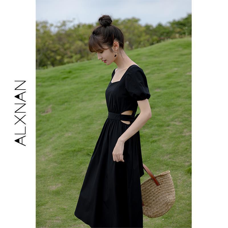 Đầm midi chữ A tay phồng màu đen phong cách Pháp thời trang mùa hè cho nữ