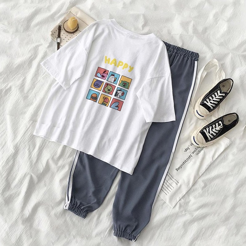 [Siêu Sale] Set Quần Thể Thao Sọc + Áo Thun Tay Lỡ In Nhiệt  Jogger Line Phối Thun Unisex Happy S19 efin studio