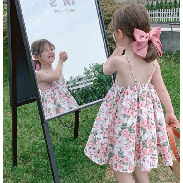 Đầm sát nách  in họa tiết hoa hồng dễ thương thiết kế hở lưng thời trang cho trẻ em 1-6 tuổi