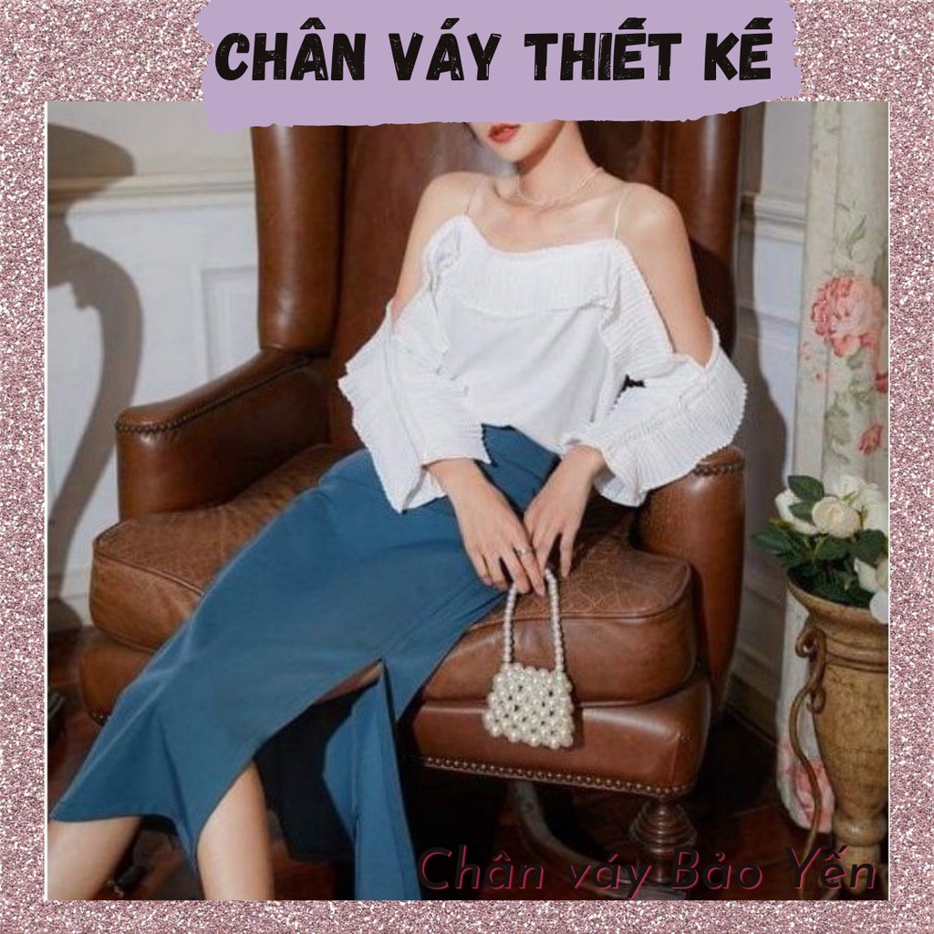 Chân váy dài midi A xanh cổ vịt xẻ đùi - M28X