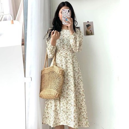 Váy hoa nhí vintage dáng dài 2 lớp, thắt nơ eo - Đầm hoa vintage - Dorita Boutique