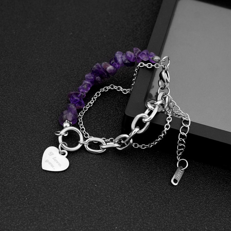 Vòng Đeo Tay Bằng Thép Titan Đính Đá Thạch Anh Tím Phong Cách Hip Hop Dành Cho Nam Và Nữ