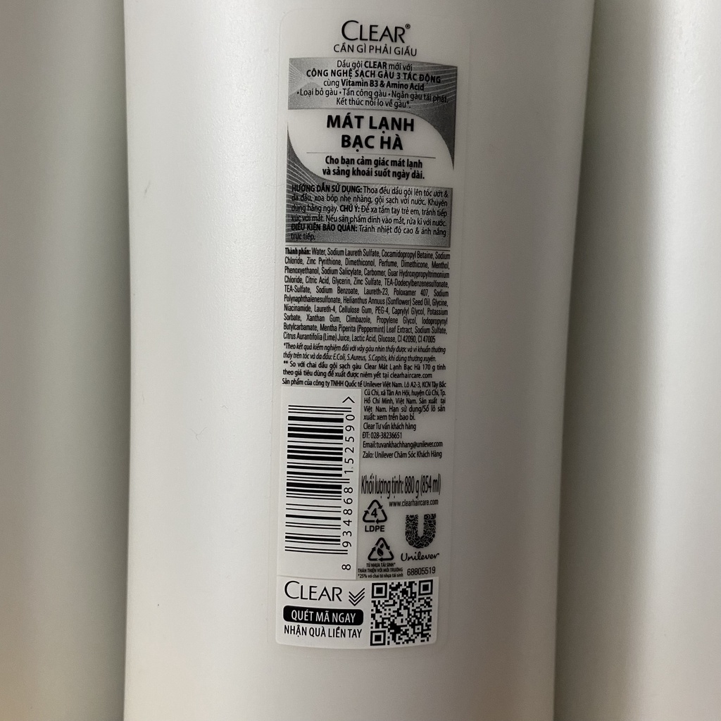 Dầu Gội Đầu Sạch Gầu Clear Mát Lạnh Bạc Hà, Nuôi dưỡng Da Đầu 880g
