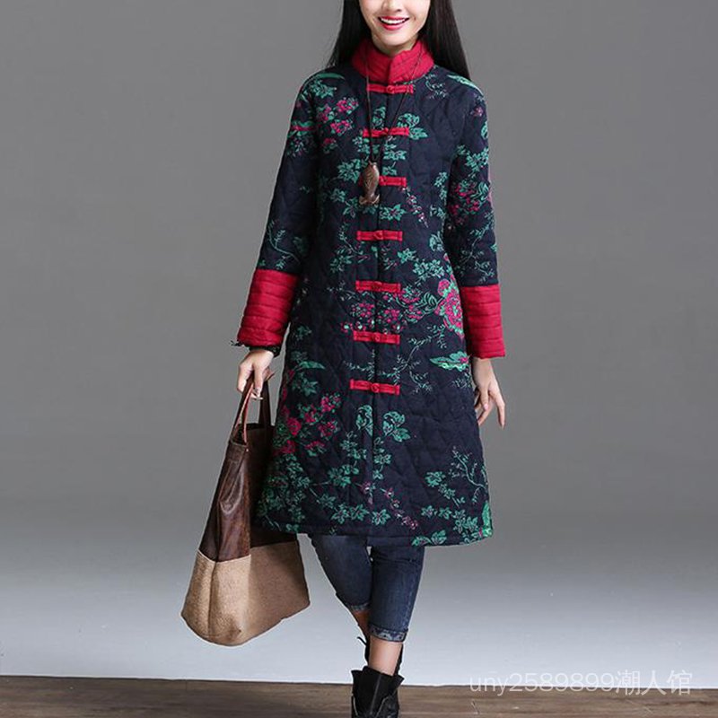 Áo khoác dáng rộng cổ đứng phối nút họa tiết dân tộc thời trang mùa đông cho nữ