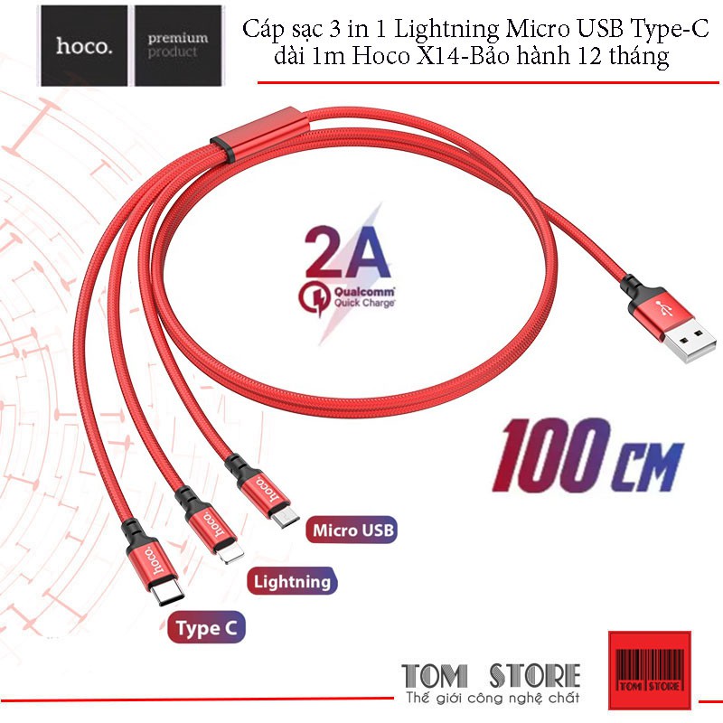 Cáp sạc 3 in 1 Lightning Micro USB Type-C dài 1m Hoco X14-Bảo hành 12 tháng