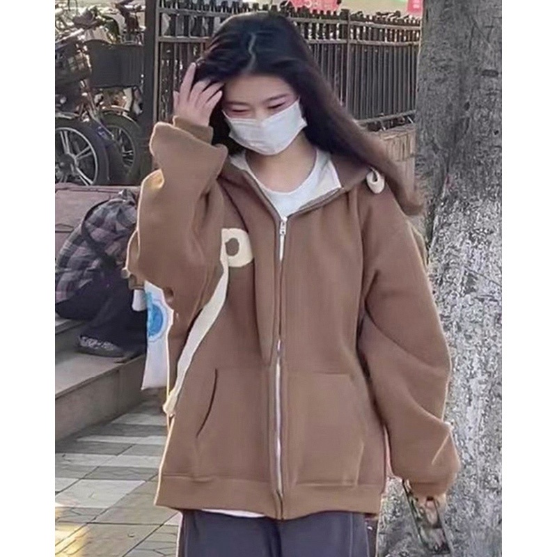 Áo khoác hoodie ZHELIHANGFEI có khóa kéo tay dài dáng rộng in họa tiết phong cách đi học dễ phối đồ thời trang