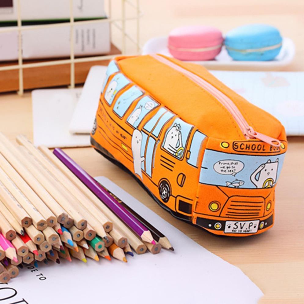 Túi đựng bút bằng vải canvas kiểu dáng xe bus xinh xắn - Hộp bút xe Bus Họa tiết dễ thương